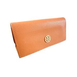 Tory Burch Orange Saffiano Leather Eyeglasses Case Gold Logo Slim Hard Case
